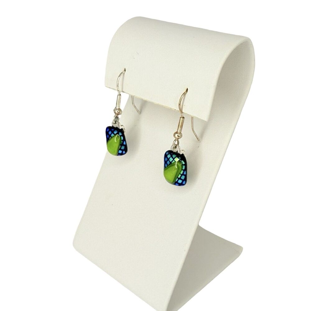 Artesian Dichroic Glass Dangle Earrings 1" Green & Blue Unique Murano Style - Picture 3 of 13